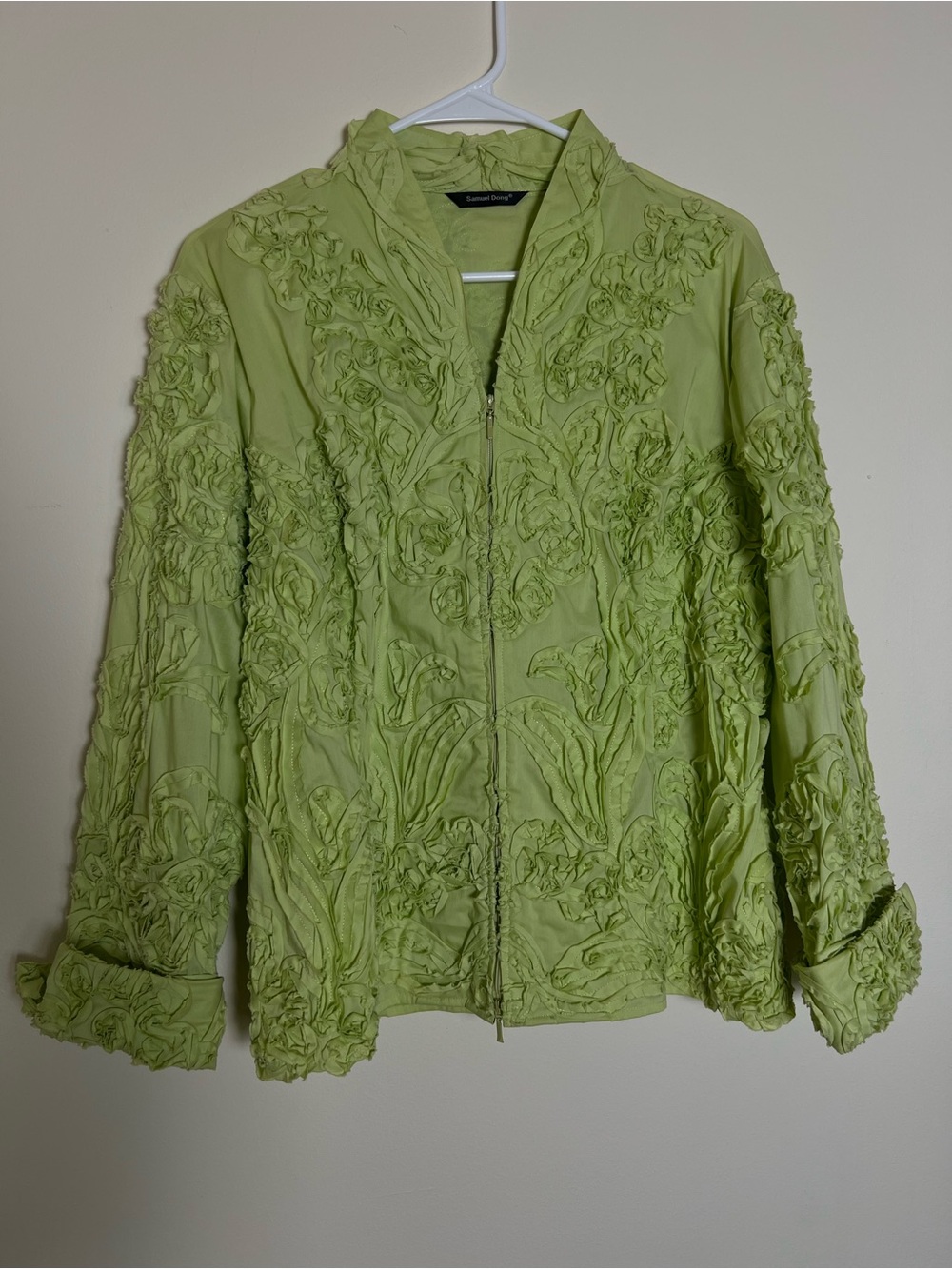 Lime Green Floral Rosette Zip Jacket Textured Ruffles